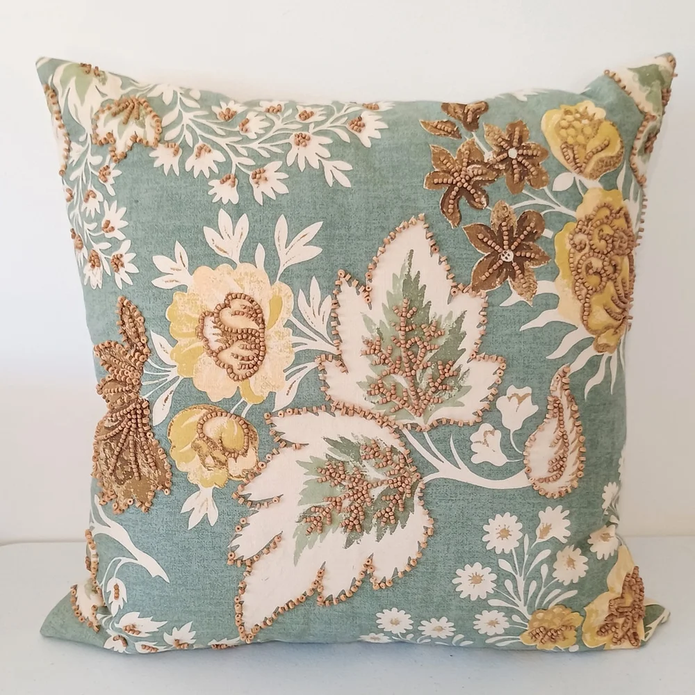 Pottery Barn 18x18 Throw Pillow Wood Beads Leaves Floral Blue Cream Down Feather